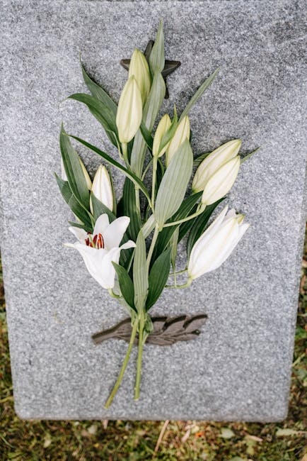 A bouquet of white lilies with large, open petals and prominent red-centered stamens, accompanied by several unopened lily buds with elongated, creamy-white petals, all arranged with long, slender gre