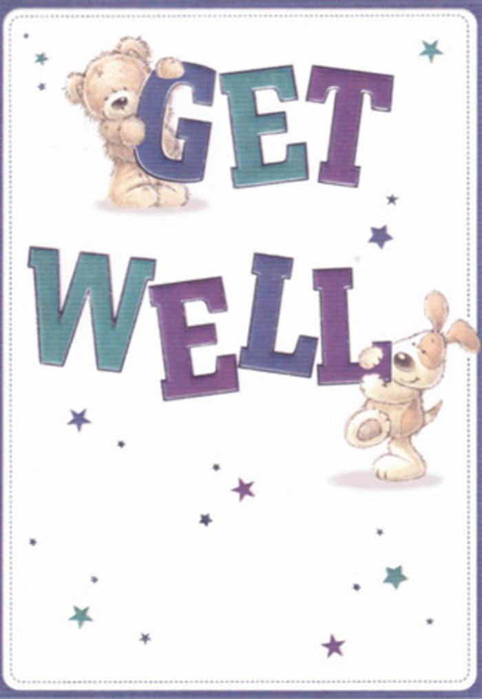 Steeped in the welcoming charm found along Leamouth Peninsula, this get well card offers the visual embrace of friendship and hope. Friendly illustrations depict a plush bear, softly shaded in calming browns, and an exuberant puppy with long velvety ears, both interacting with large, boldly lettered words-'Get Well'-that anchor the composition. The background is creamy and fresh, setting off the jewel-toned purples and teals that give the typography a celebratory lift. Scattered stars, painted in indigo and blue-violet, twinkle like good wishes drifting over Leamouth's riverside. The tactile richness in the rendering of the animals invites the same sensory delight as a hand-tied bouquet received from Flowers Leamouth-familiar, comforting, and crafted with intent to uplift. The mood is airy and optimistic, an ideal expression of sincere kindness that brightens the road to recovery for loved ones, neighbours, and friends across Leamouth.
