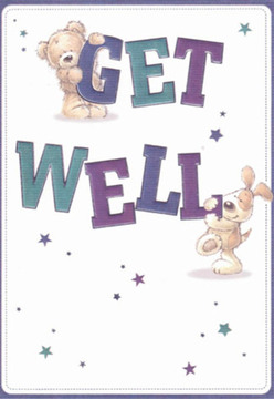 There's a comforting energy in this get well card that captures the supportive feel of Leamouth's creative docksides. Illustrations of a cuddly teddy and a lively puppy animate the scene-the bear perched gently atop the oversized word 'GET,' the puppy offering a friendly nuzzle to the vibrant 'WELL.' Each character is expertly shaded, with plush textures that almost call to be touched, like the soft petals of a bouquet arranged at a local studio off Trinity Buoy Wharf. Starbursts in cool purples and teals suggest hope and possibility, their cheerful scattering across the card reminiscent of well wishes sent from neighbours nearby. The clean cream background, combined with confident indigo and green lettering, brings clarity and calm to those facing unwell days. Every detail, from the warm glint in the animals' eyes to the careful placement of each star, reflects the kind of nurturing intent found in Leamouth's floral arrangements, making this card a small but powerful gesture of healing and comfort.