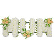 In this image, the word "MOM" is lovingly spelled out in flowers, forming a long, horizontal tribute clearly intended for a funeral or memorial setting. Each letter is rendered in neat block capitals and completely covered in a thick carpet of small, pure white blooms, most likely spray chrysanthemums or similar daisies, creating a soft and even texture across the entire surface. The pristine white petals evoke a sense of purity, peace, and quiet dignity, echoing the gentle atmosphere of riverside walks and open skies around Leamouth. A thin edge of dark green ribbon and underlying foliage outlines the contours of each letter, offering structure and a subtle contrast that helps the word stand clearly against the bright white background. To bring warmth and a personal note of affection, three clusters of soft peach and apricot roses have been thoughtfully placed. One sits at the top left of the first "M", another rests at the bottom centre of the rounded "O", and the third crowns the top right of the final "M", giving a natural sense of flow and balance. Each cluster is composed of open rose heads and developing buds surrounded by vibrant green leaves and feathery ferns, adding texture, movement, and a garden-like feel. The mix of cool white chrysanthemums and gentle peach roses suggests enduring love and fond memories. This floral lettering arrangement would make a touching tribute for a mother at a funeral, chapel, or crematorium service in the Leamouth community, offering a quiet, beautiful way to say thank you and goodbye while reflecting the calm of the local waterways and modern surroundings.